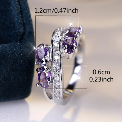 Purple Zirconia Ring S925 Sterling Silver - Elegant Synthetic Gemstone Charm Ring for Women Bride Wedding Engagement Shiny Jewelry Gift Size 6 7 8 9 10