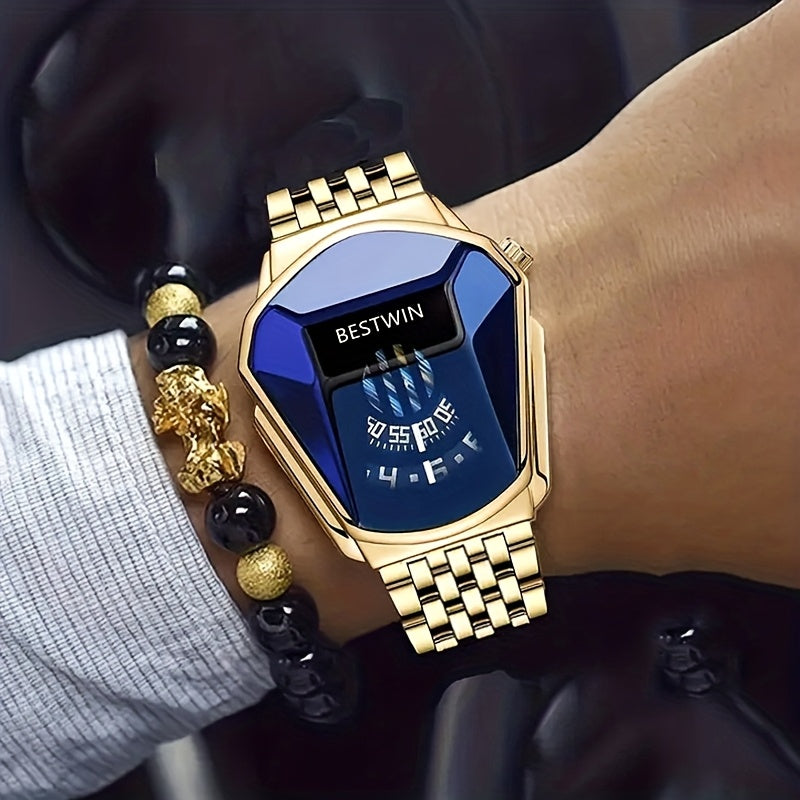 Unique Dashboard Design Men Watches Top Brand Fashion Blue Rhinestones Dial Steel Strap for Man Business Quartz Watch for Gifts
