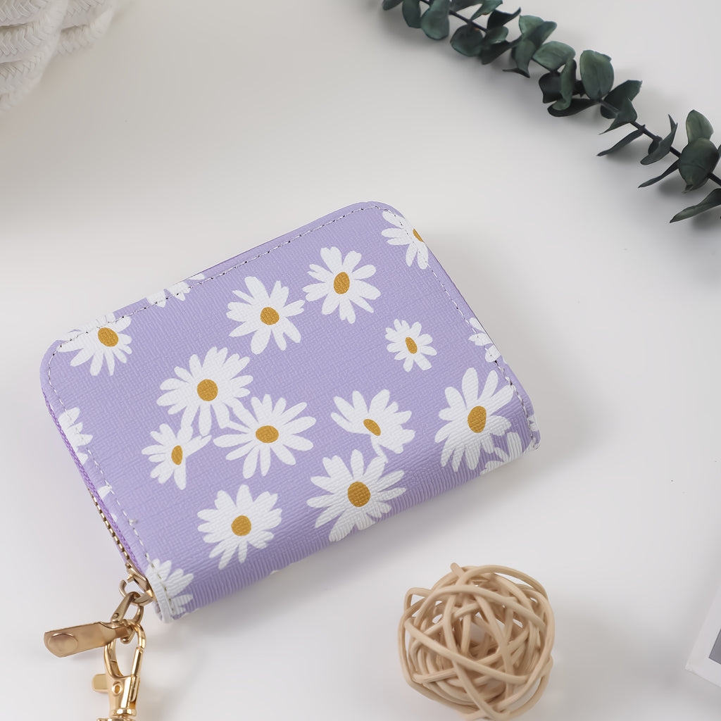 A Women's Small Daisy Fresh, Fashionable, and Sweet Accordion Cardholder Keychain. Zipper Pouch with Printed Beads, Hand-beaded Wrist Keychain. Multi-card Slot Cardholder. Women's Wrist Keyring. Bag Charm. Gift for Mom or Friend
