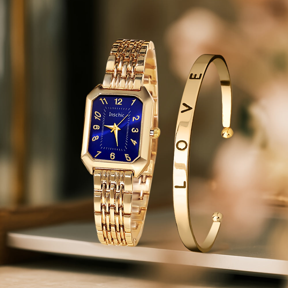 A 2pcs Women's Watch Gift Set Featuring a Trendy Open Bangle Combination with a Casual Quartz Watch, Classic Vintage Rectangular Dial Watches for Men, Christmas, Birthday Gifts, Reloj Para Hombre.(Box Not Included).