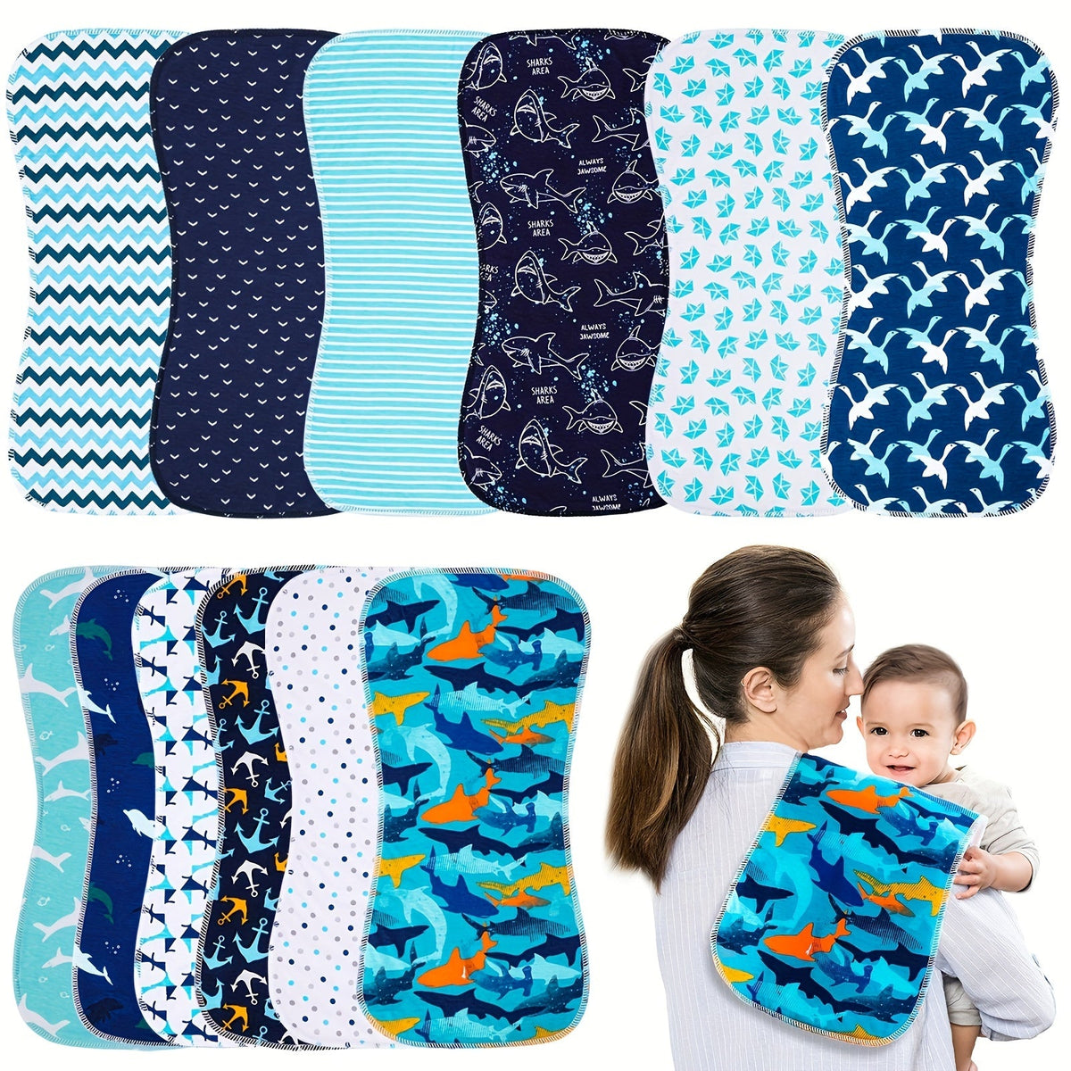 Baby Burp Cloth Set - Soft Absorbent Multipack – Shark Water Ripples – view 3