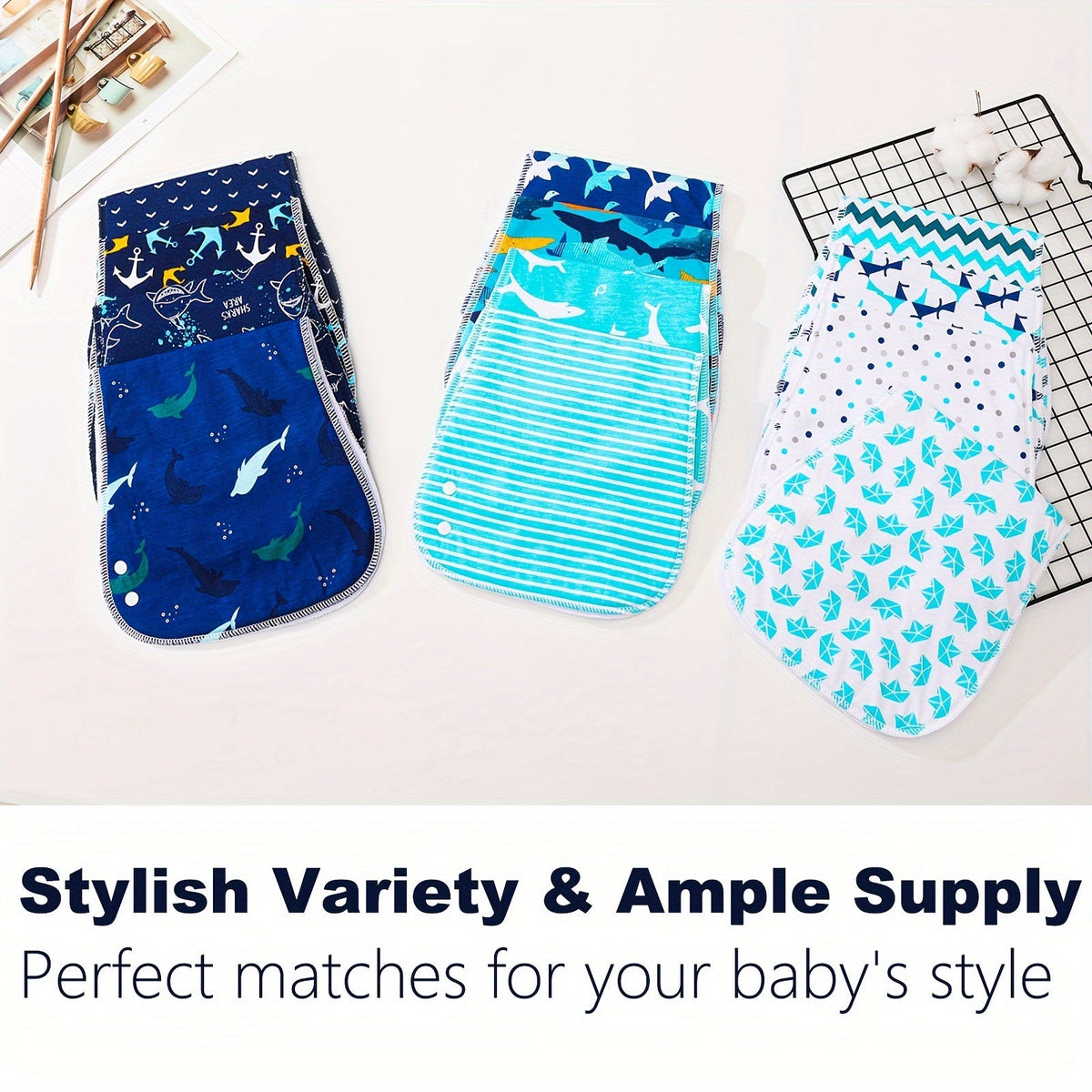 Baby Burp Cloth Set - Soft Absorbent Multipack – Shark Water Ripples – view 6