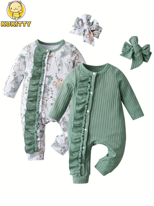Baby Girl Animal Print Jumpsuit - Long Sleeve – Green option – main product image
