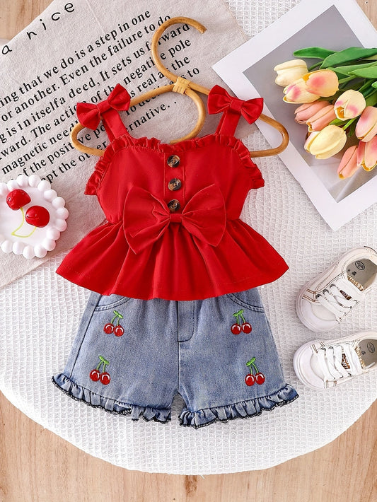 Baby Girl Denim Outfit Set - Sleeveless Summer 2405 – Red option – main product image