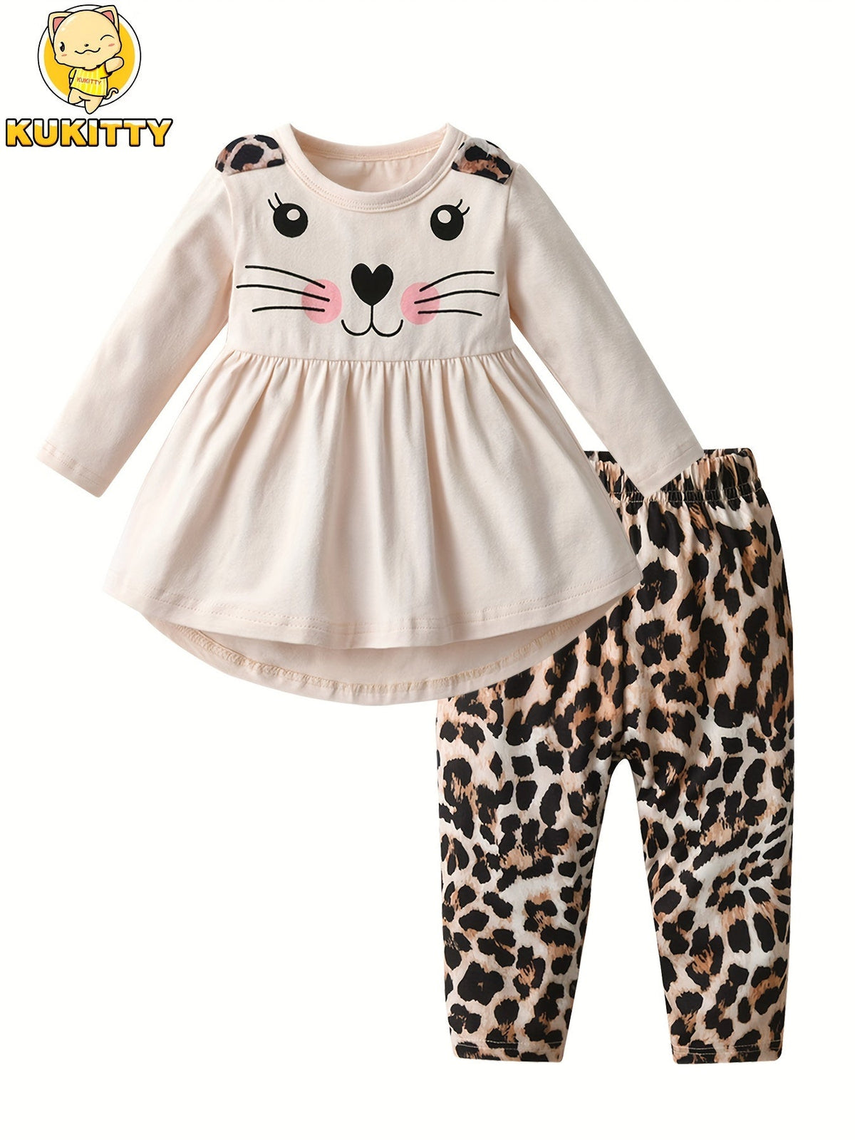 Baby Girl Two-Piece Outfit Set - Cat Print Ruffle Everyday Matching Look – view 9