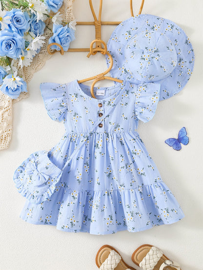Baby Girls Outfit Set - 3-Piece Floral Ruffle – Blue option – main product image