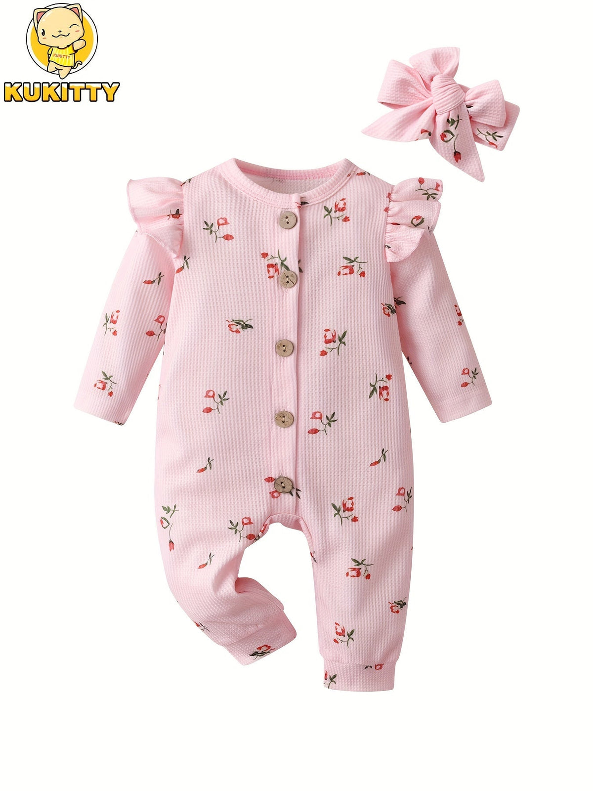 Baby Girls Outfit Set - Floral Ruffle Waffle Knit – view 2