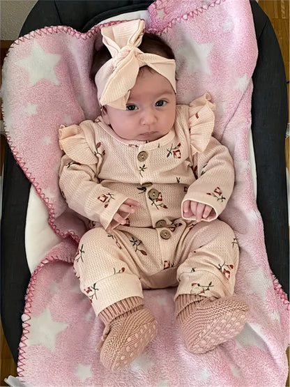 Baby Girls Outfit Set - Floral Ruffle Waffle Knit – view 3