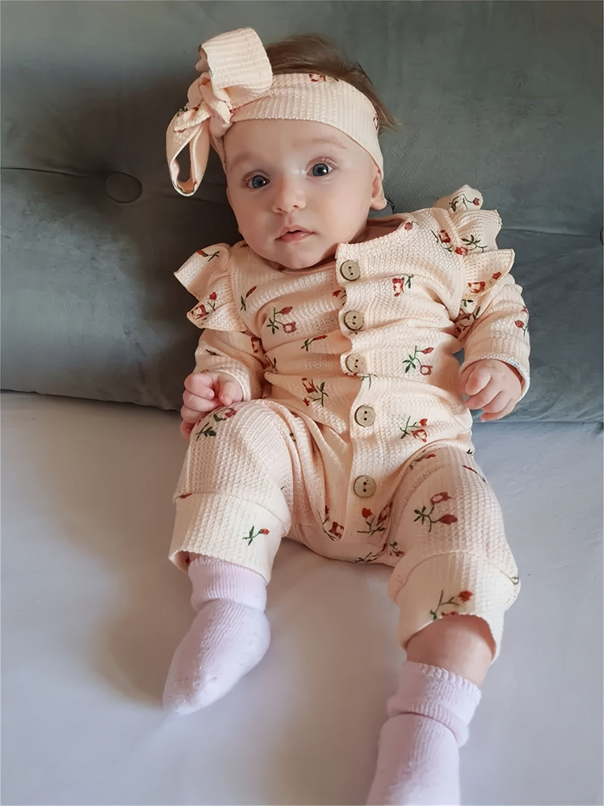 Baby Girls Outfit Set - Floral Ruffle Waffle Knit – view 5
