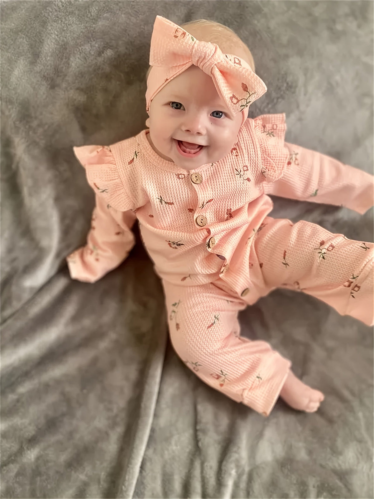Baby Girls Outfit Set - Floral Ruffle Waffle Knit – view 6