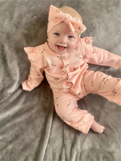 Baby Girls Outfit Set - Floral Ruffle Waffle Knit – view 6