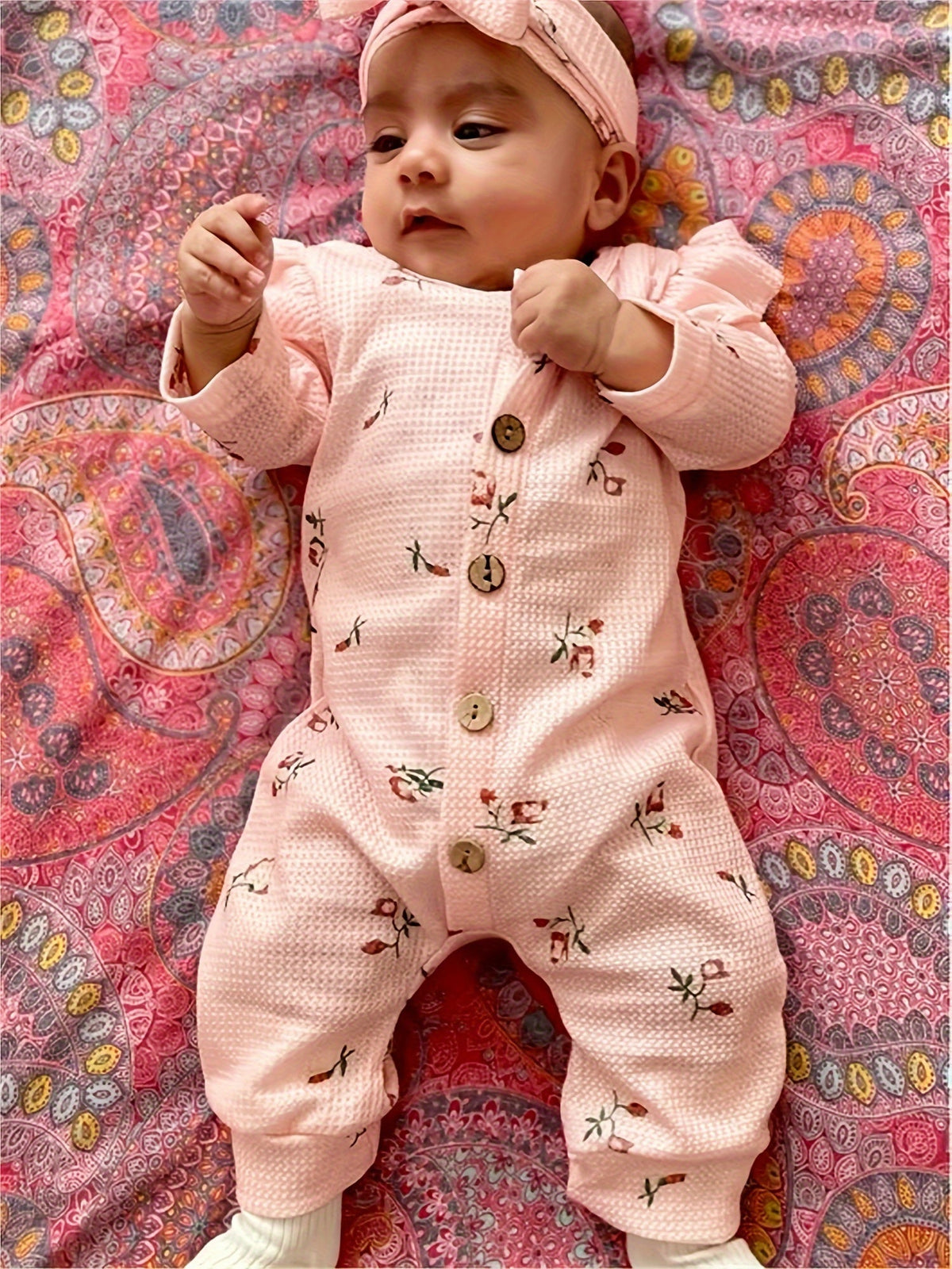 Baby Girls Outfit Set - Floral Ruffle Waffle Knit – view 8