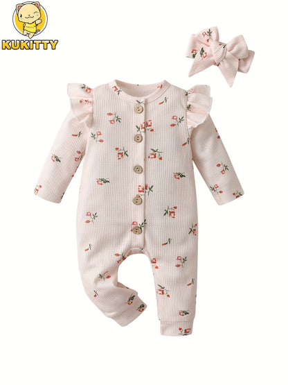 Baby Girls Outfit Set - Floral Ruffle Waffle Knit – view 10