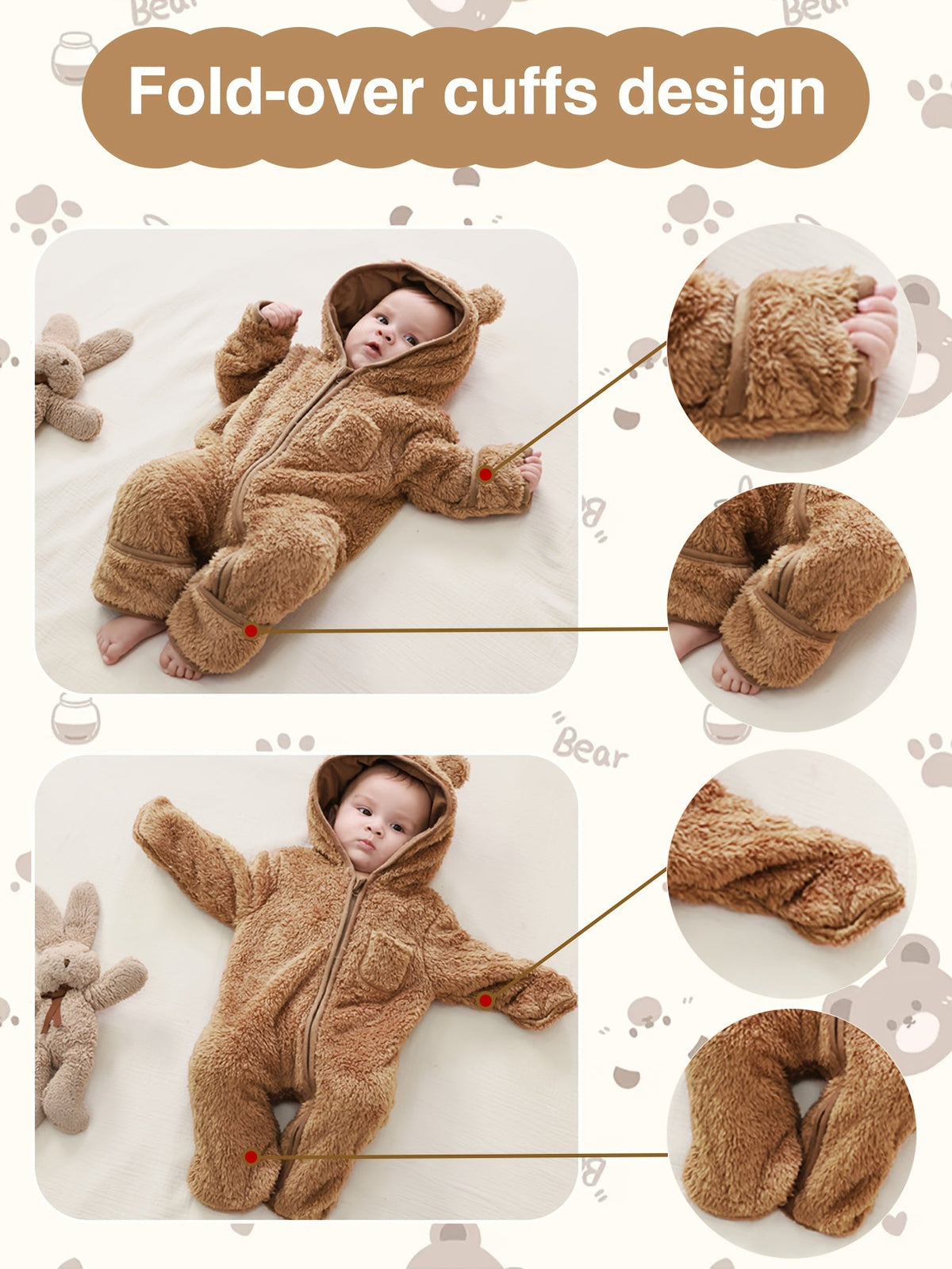 Baby Zip Romper - Warm Hooded One-Piece – Dark Brown – view 6
