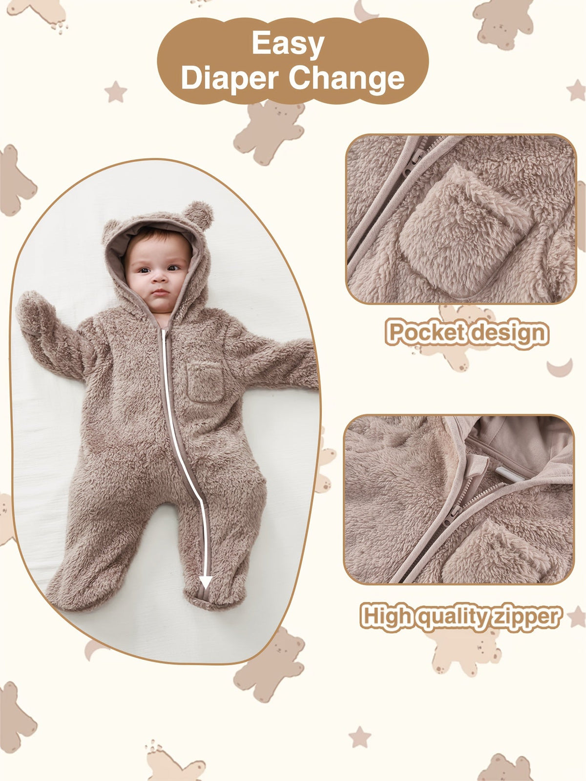Baby Zip Romper - Warm Hooded One-Piece – Dark Brown – view 8