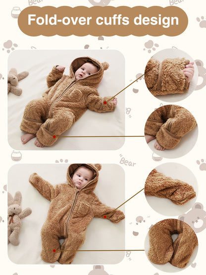 Baby Zip Romper - Warm Hooded One-Piece – Dark Brown – view 10