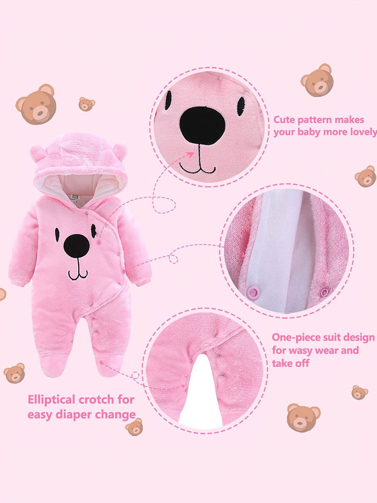 Baby Zip Romper - Warm Hooded One-Piece – Pink – view 8