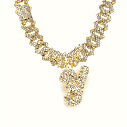 Cuban Link Chain Necklace - Initial Letter for Men Women - with Butterfly Alphabet Pendant A-Z, Gold & - product detail view