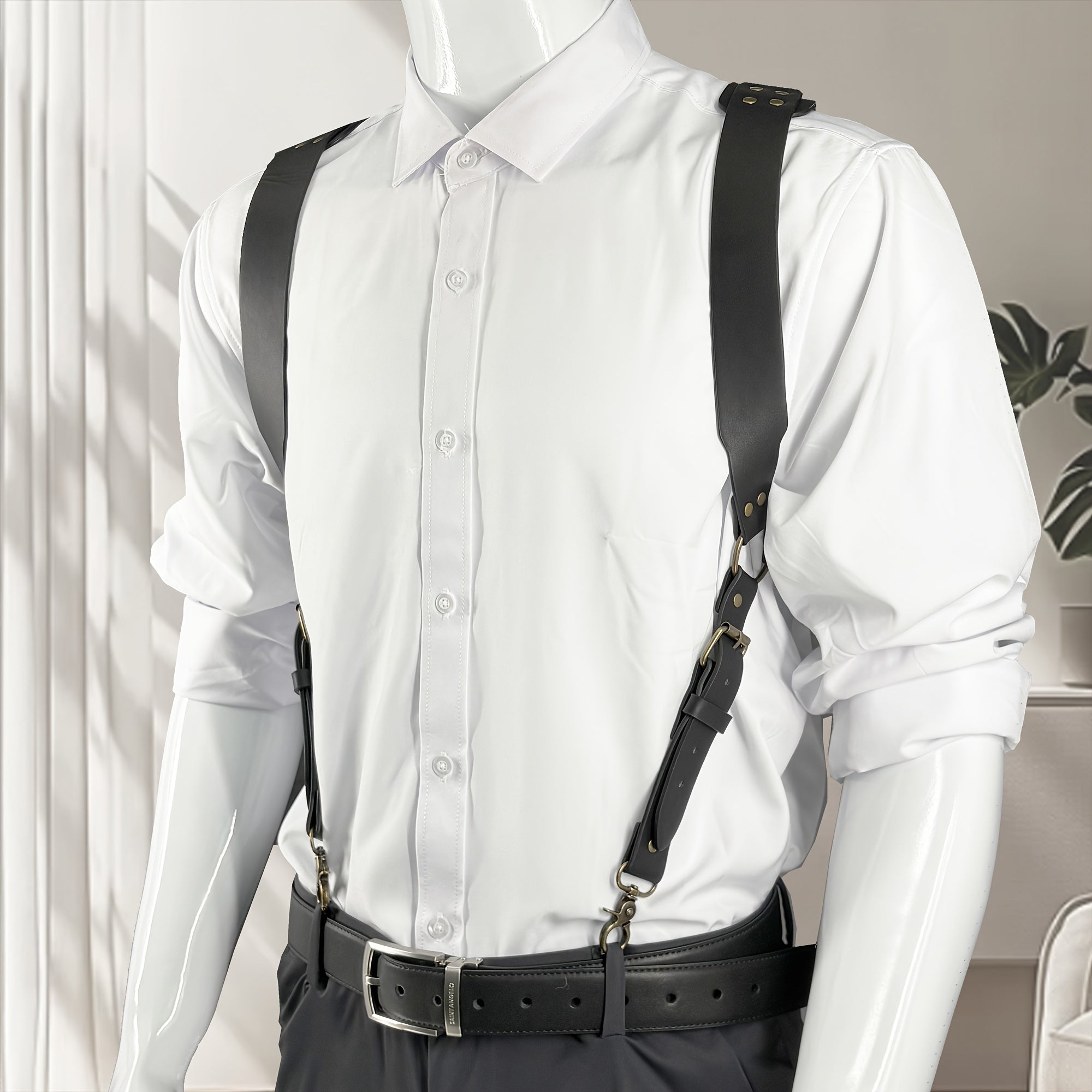 Men'S Vintage British Style Faux Leather Suspenders with Adjustable Straps & Side Hook - Stylish Overcoat Hanger for Casual Or Formal Wear, Faux Leather Hanger, Formal Attire, Retro Fashion, Durable Construction, Highquality Craftsmanship