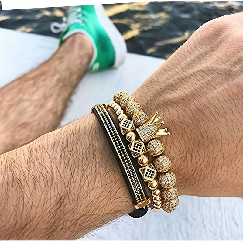 Men's Crown Bracelet 3-Piece Set – Hip Hop Prism Bead Woven Bling Bracelets Gold Silver Black Urban Streetwear Jewelry Gift for Him