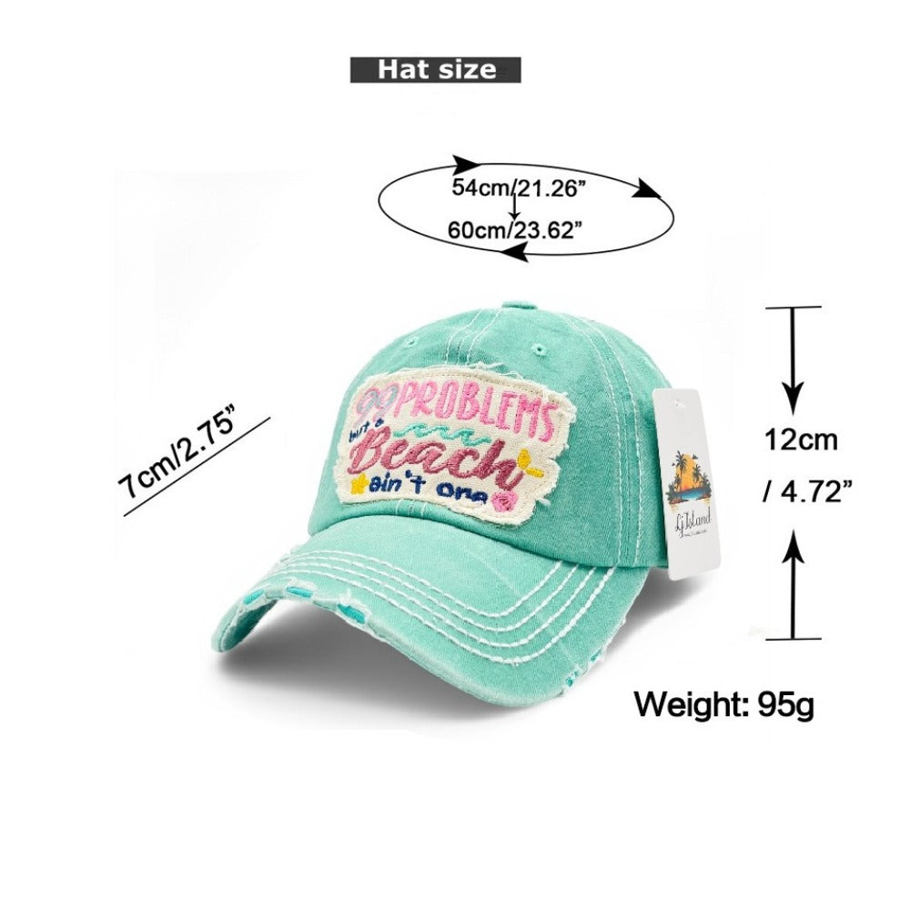 Baseball Cap - "99 Problems But Beach Ain't One" Embroidered Vintage Distressed Hat - product detail view 2