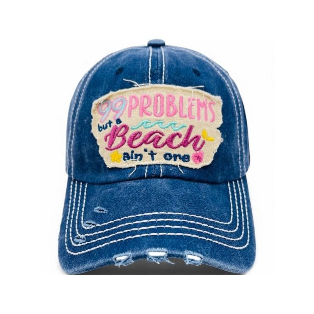 Baseball Cap - "99 Problems But Beach Ain't One" Embroidered Vintage Distressed Hat - product detail view 3