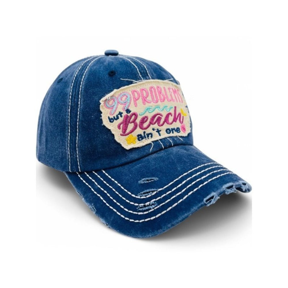 Baseball Cap - "99 Problems But Beach Ain't One" Embroidered Vintage Distressed Hat - product detail view 5