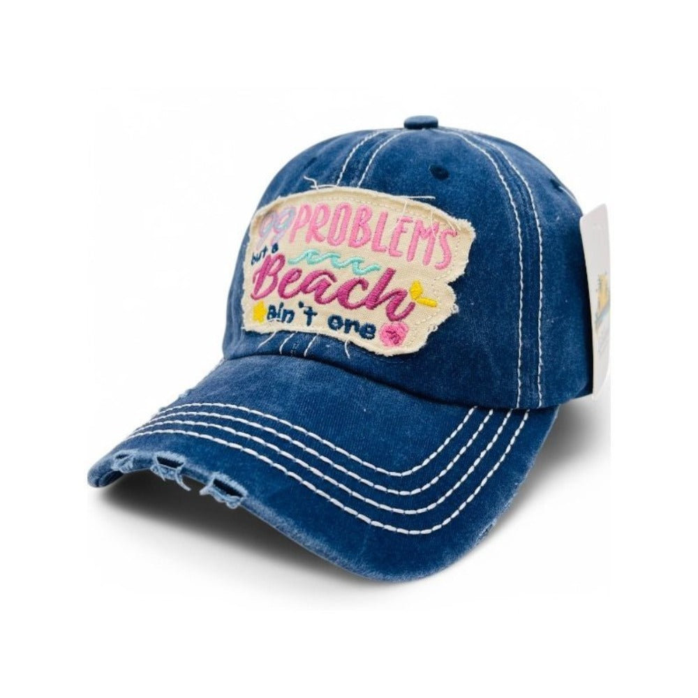 Baseball Cap - "99 Problems But Beach Ain't One" Embroidered Vintage Distressed Hat - product detail view 9