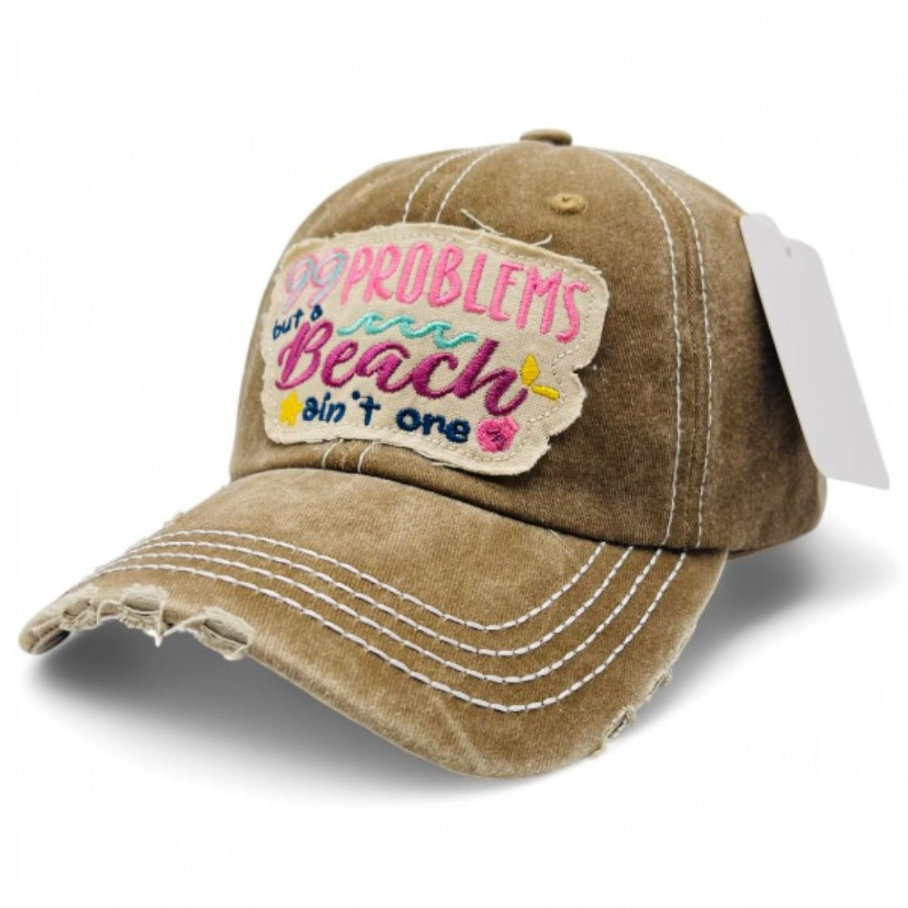 Baseball Cap - "99 Problems But Beach Ain't One" Embroidered Vintage Distressed Hat - product detail view 14