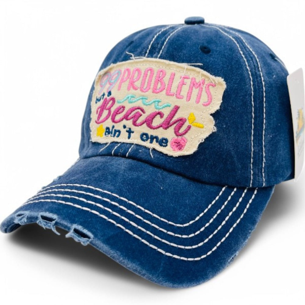 Baseball Cap - "99 Problems But Beach Ain't One" Embroidered Vintage Distressed Hat - product detail view 16