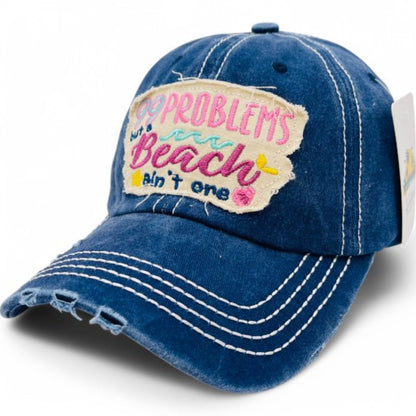 Baseball Cap - "99 Problems But Beach Ain't One" Embroidered Vintage Distressed Hat - product detail view 16