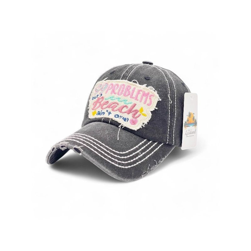 Baseball Cap - "99 Problems But Beach Ain't One" Embroidered Vintage Distressed Hat - product detail view 19