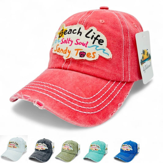 Baseball Cap - "Beach Life Salty Soul Sandy Toes" Embroidered Vintage Distressed Hat - main product view
