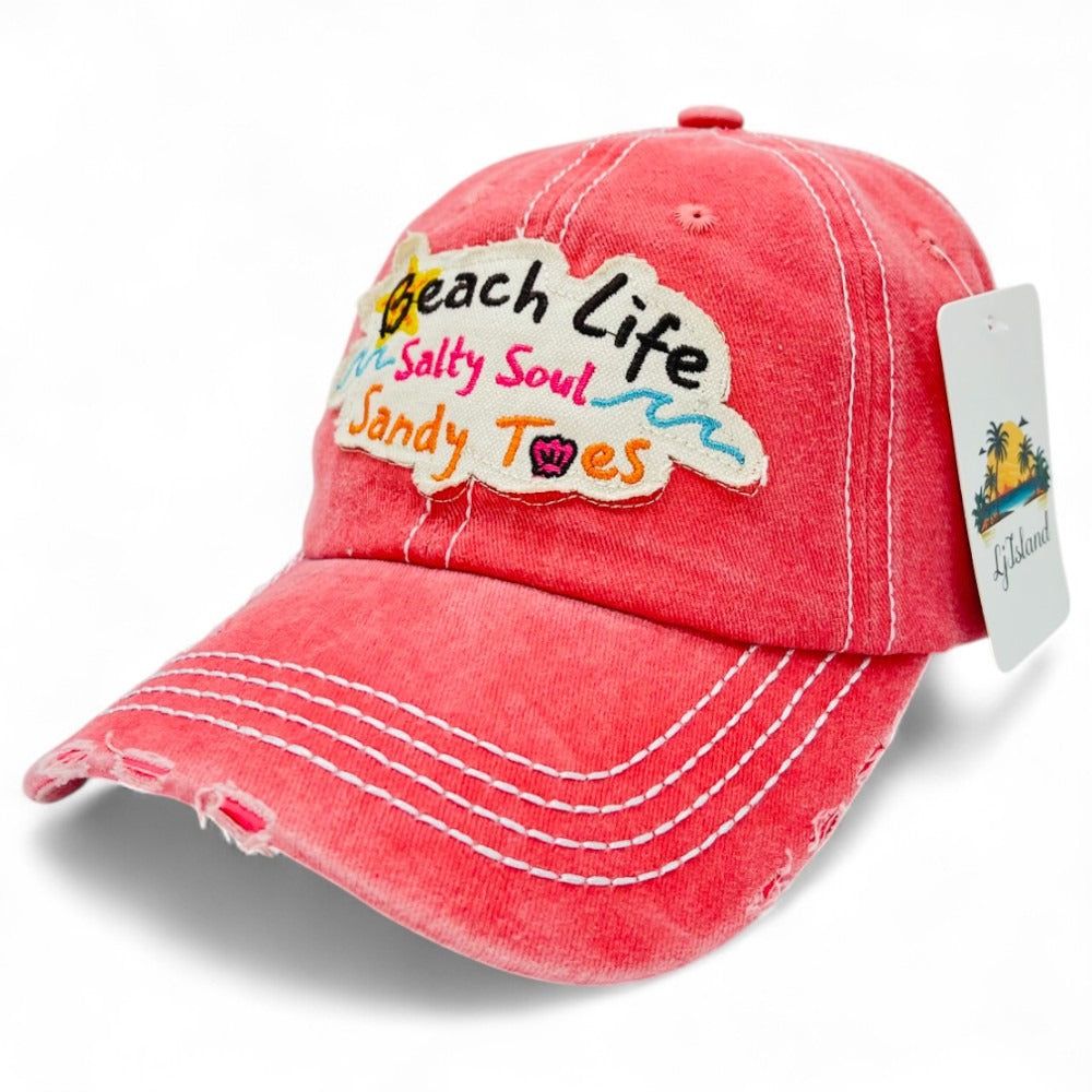 Baseball Cap - "Beach Life Salty Soul Sandy Toes" Embroidered Vintage Distressed Hat - product detail view 2