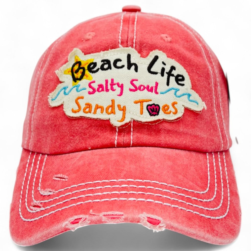Baseball Cap - "Beach Life Salty Soul Sandy Toes" Embroidered Vintage Distressed Hat - product detail view 3