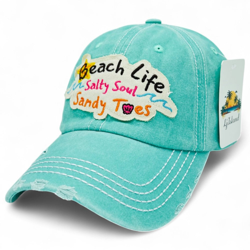 Baseball Cap - "Beach Life Salty Soul Sandy Toes" Embroidered Vintage Distressed Hat - product detail view 4