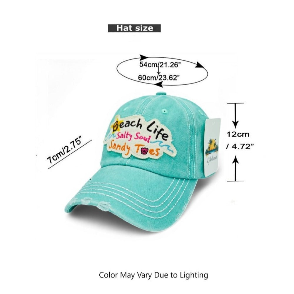 Baseball Cap - "Beach Life Salty Soul Sandy Toes" Embroidered Vintage Distressed Hat - product detail view 5