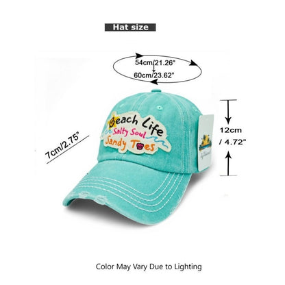 Baseball Cap - "Beach Life Salty Soul Sandy Toes" Embroidered Vintage Distressed Hat - product detail view 5