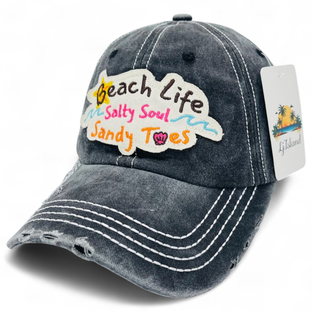 Baseball Cap - "Beach Life Salty Soul Sandy Toes" Embroidered Vintage Distressed Hat - product detail view 6