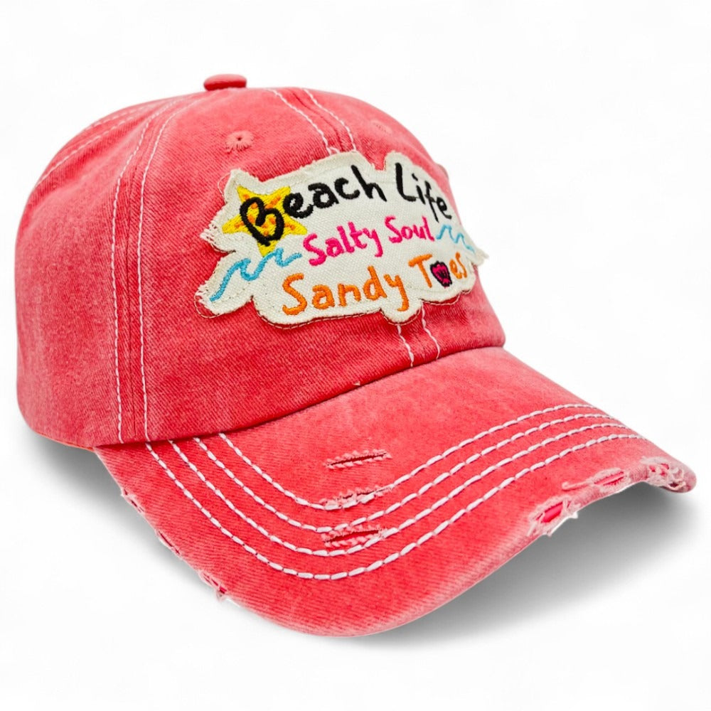 Baseball Cap - "Beach Life Salty Soul Sandy Toes" Embroidered Vintage Distressed Hat - product detail view 7