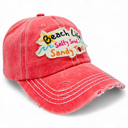 Baseball Cap - "Beach Life Salty Soul Sandy Toes" Embroidered Vintage Distressed Hat - product detail view 7