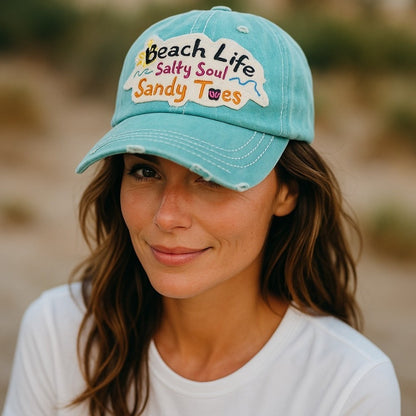 Baseball Cap - "Beach Life Salty Soul Sandy Toes" Embroidered Vintage Distressed Hat - product detail view 13