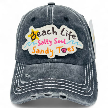Baseball Cap - "Beach Life Salty Soul Sandy Toes" Embroidered Vintage Distressed Hat - product detail view 14