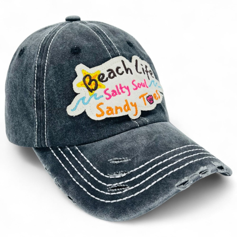 Baseball Cap - "Beach Life Salty Soul Sandy Toes" Embroidered Vintage Distressed Hat - product detail view 15