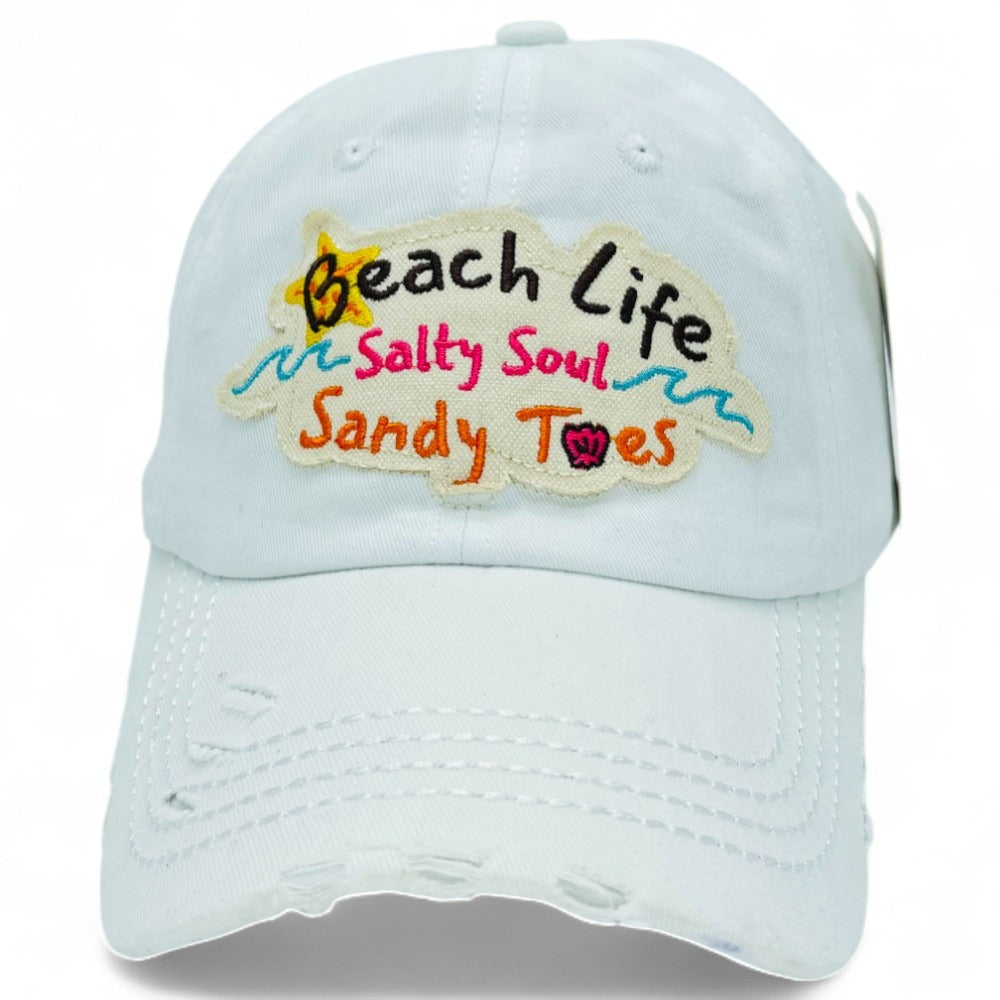 Baseball Cap - "Beach Life Salty Soul Sandy Toes" Embroidered Vintage Distressed Hat - product detail view 17