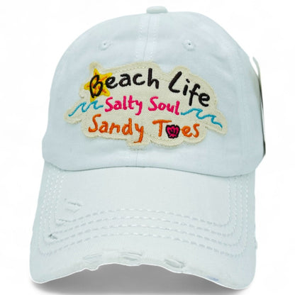 Baseball Cap - "Beach Life Salty Soul Sandy Toes" Embroidered Vintage Distressed Hat - product detail view 17
