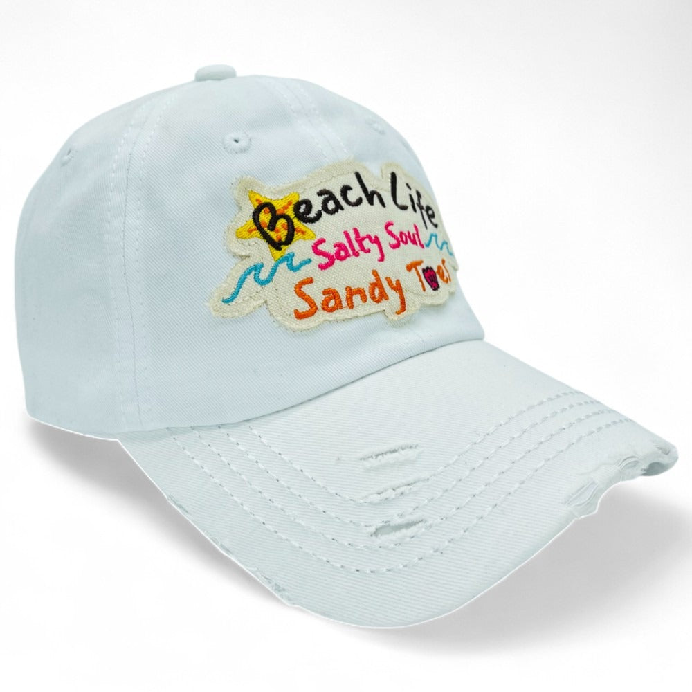Baseball Cap - "Beach Life Salty Soul Sandy Toes" Embroidered Vintage Distressed Hat - product detail view 18