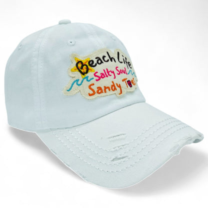 Baseball Cap - "Beach Life Salty Soul Sandy Toes" Embroidered Vintage Distressed Hat - product detail view 18