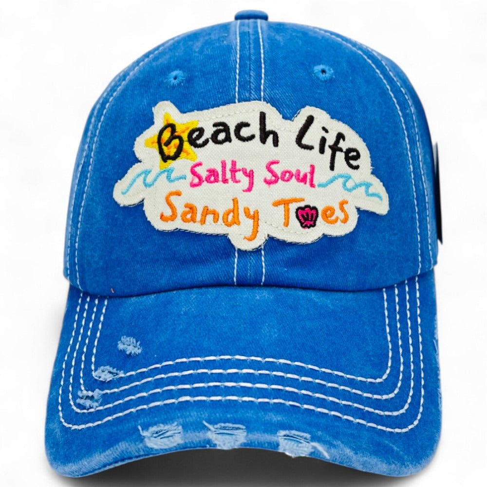 Baseball Cap - "Beach Life Salty Soul Sandy Toes" Embroidered Vintage Distressed Hat - product detail view 19