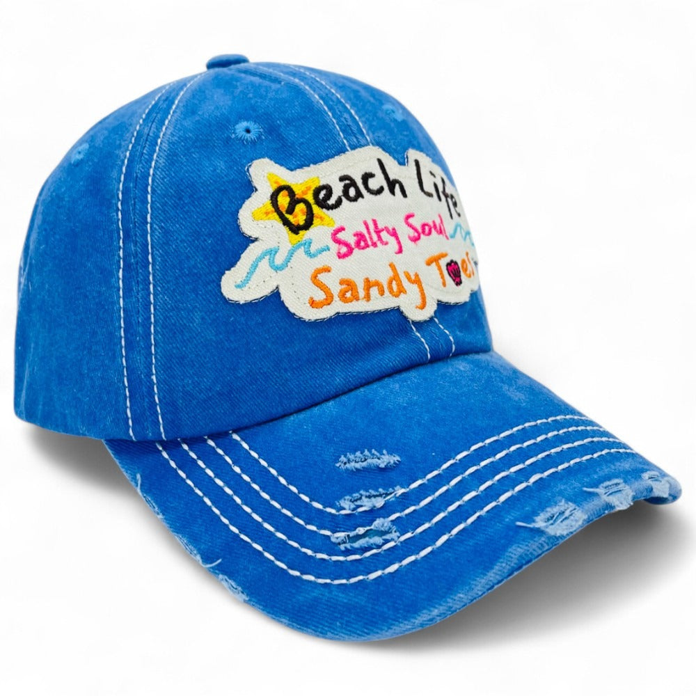 Baseball Cap - "Beach Life Salty Soul Sandy Toes" Embroidered Vintage Distressed Hat - product detail view 20